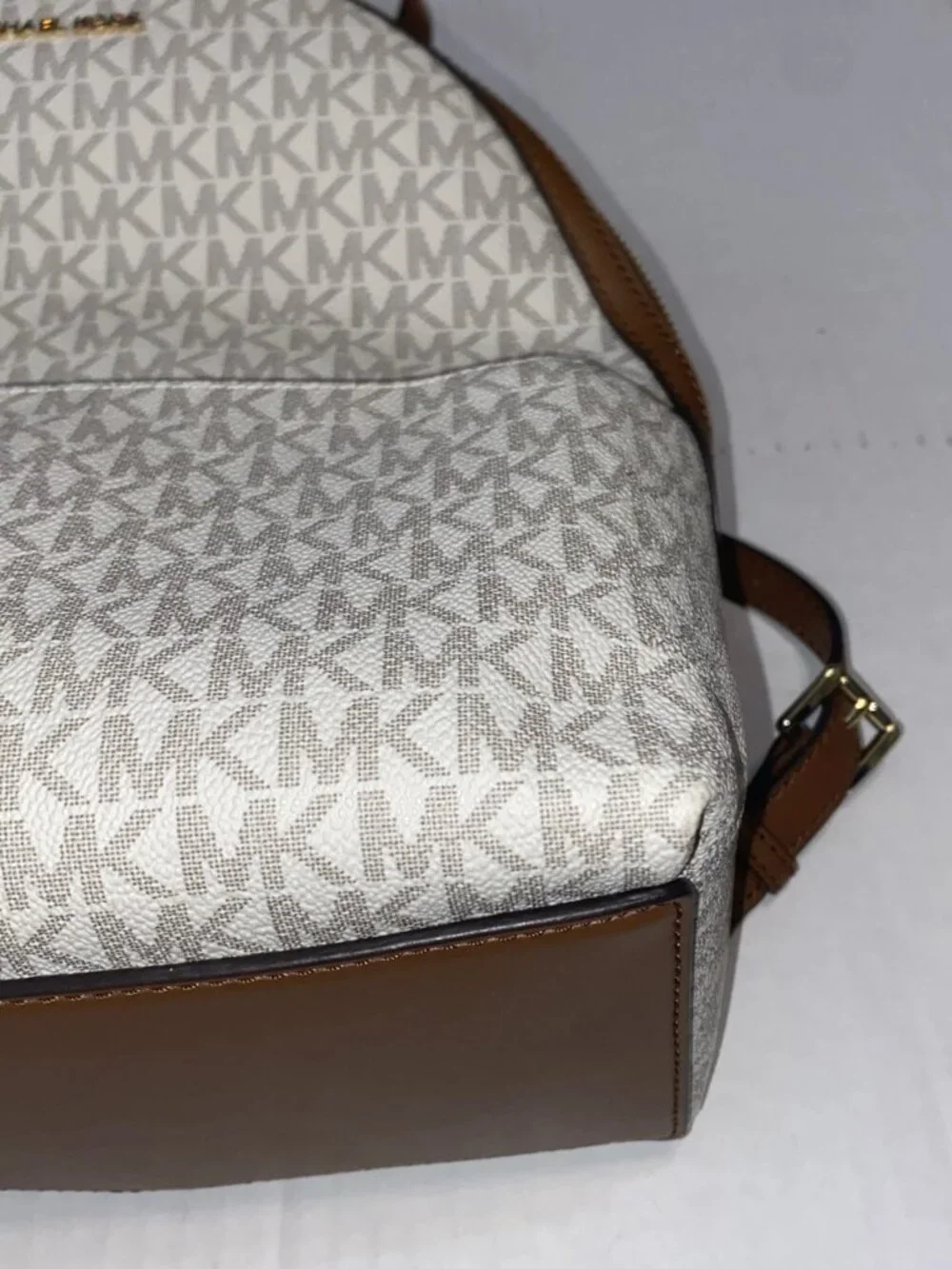 Michael Kors Beige/Brown MK Monogram Logo Backpack Zip Gold Hardware NWT